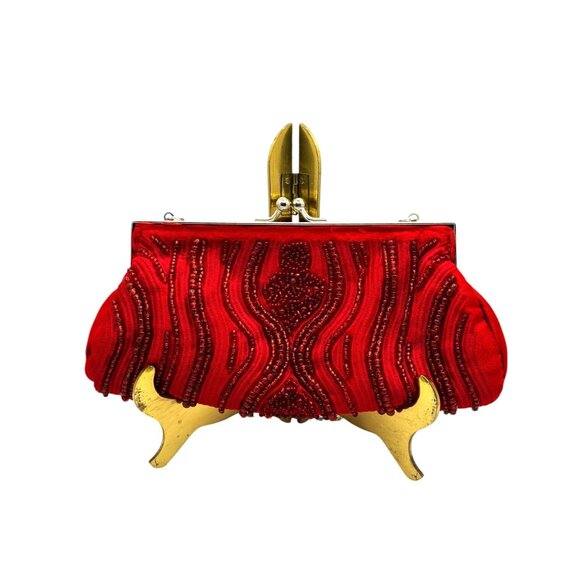 Bijoux Terner Red Satin Beaded Evening Clutch Bag With Chain Strap - Picture 1 of 10